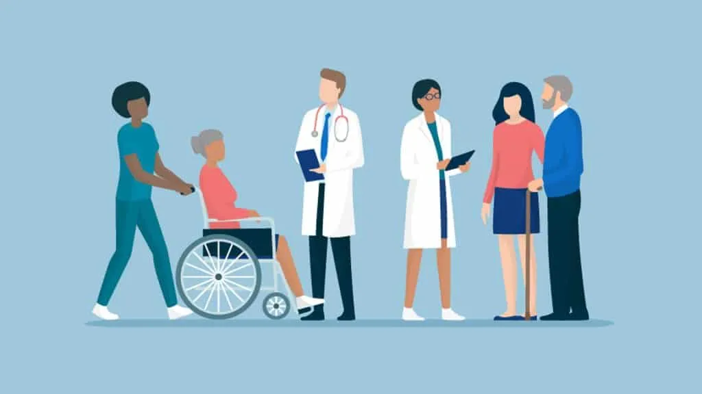 Animated image of doctors talking to patients and a nurse pushing a patient in a wheelchair