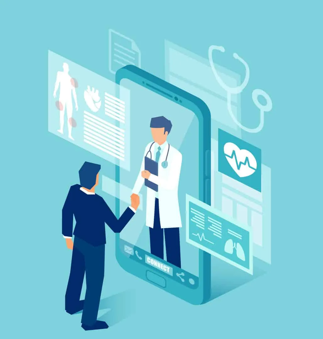The Image of a doctor inside a cell phone greeting a patient in animated version, this symbolizes the growth of digital health